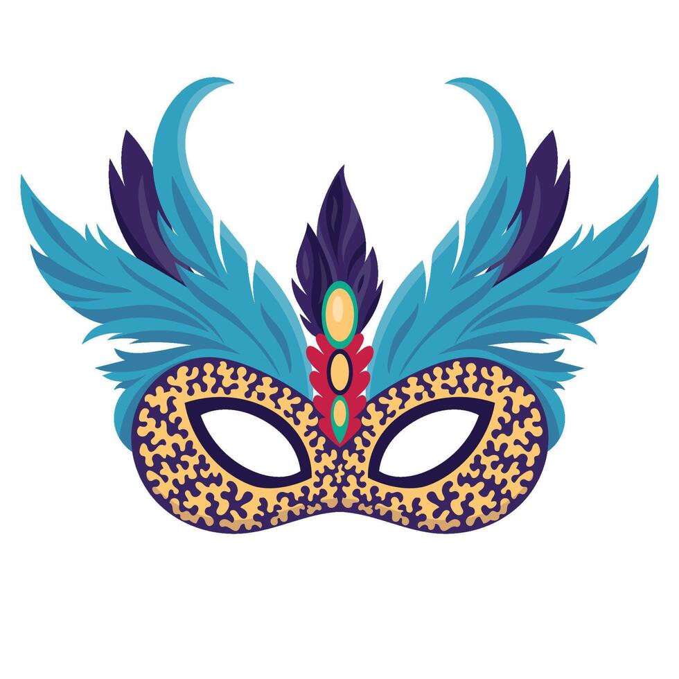 Venice mask with plumage. Mardi gras holiday feather masque. Brazil masquerade party face disguise accessory capturing spirit of celebration and intrigue at masquerade ball or carnival event. vector