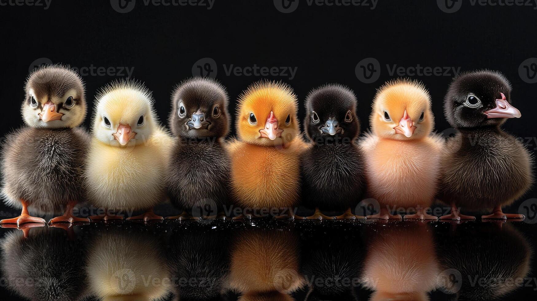 Seven cute ducklings posing on black background with reflection photo