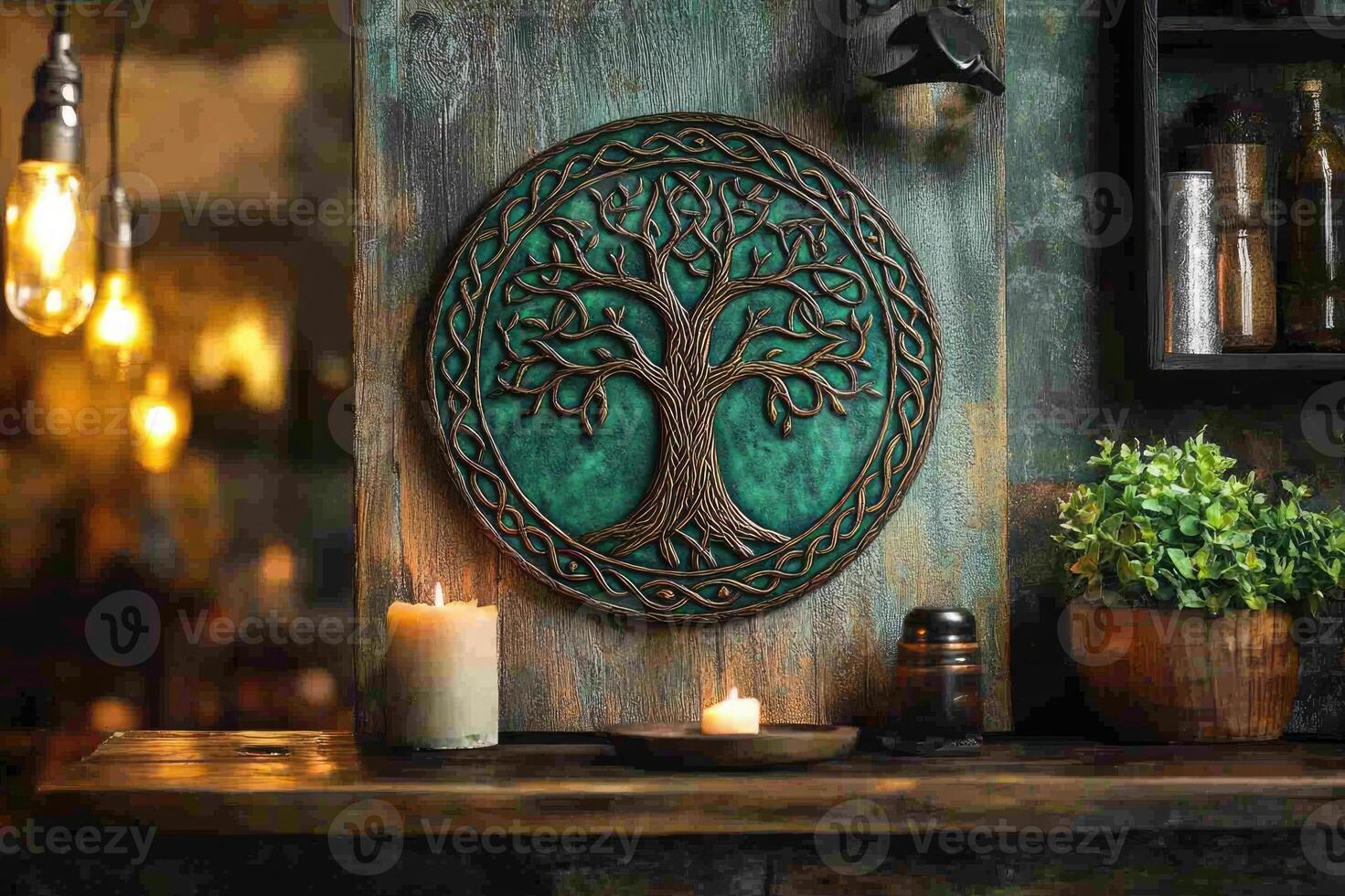 Celtic tree of life wall decor illuminating cozy interior with candles photo