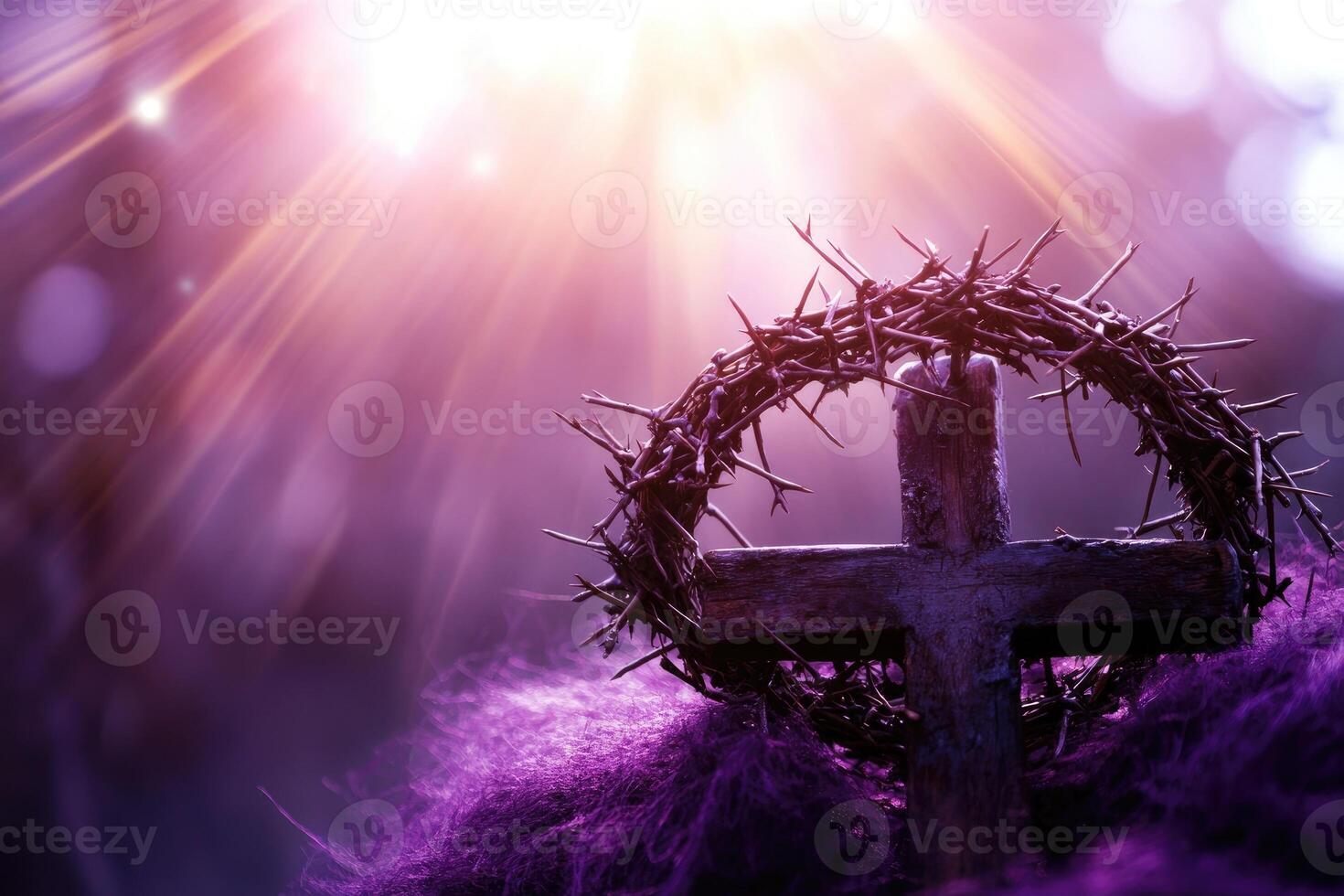 Crown of thorns resting on wooden cross photo