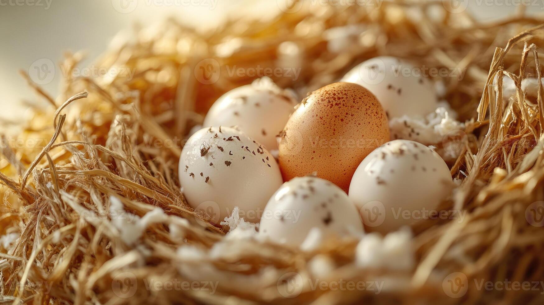 One brown egg surrounded by white eggs is nesting in straw photo