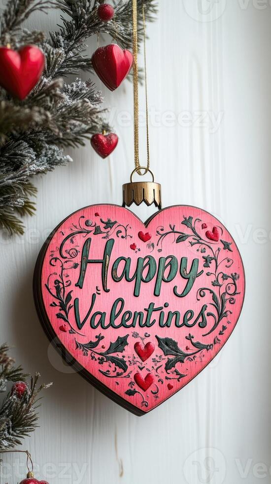 Heart-shaped valentine's day ornament hanging from a snowy pine branch photo