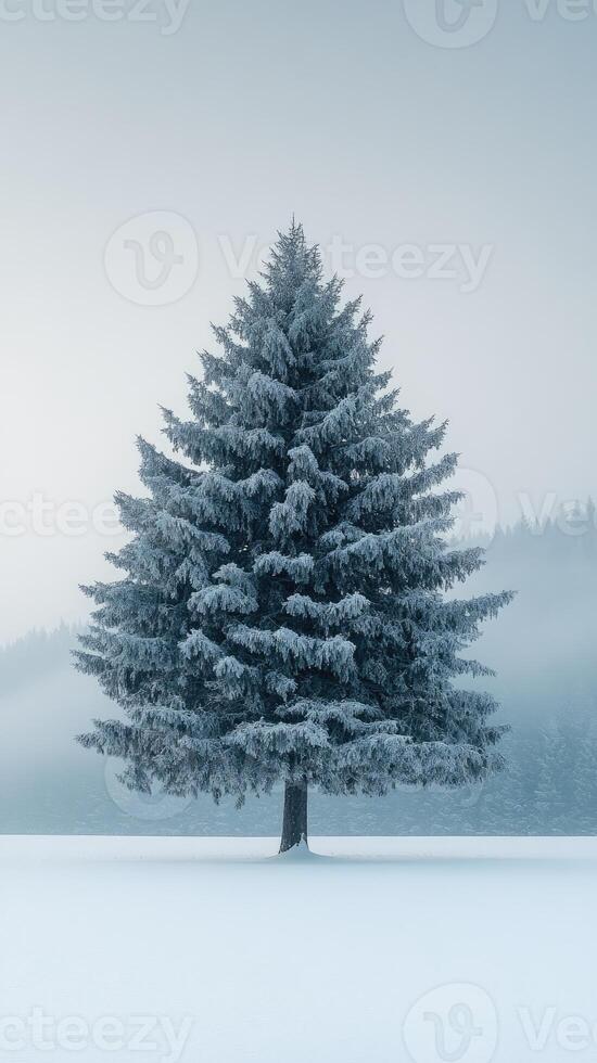 Majestic pine tree covered with snow in a winter wonderland photo