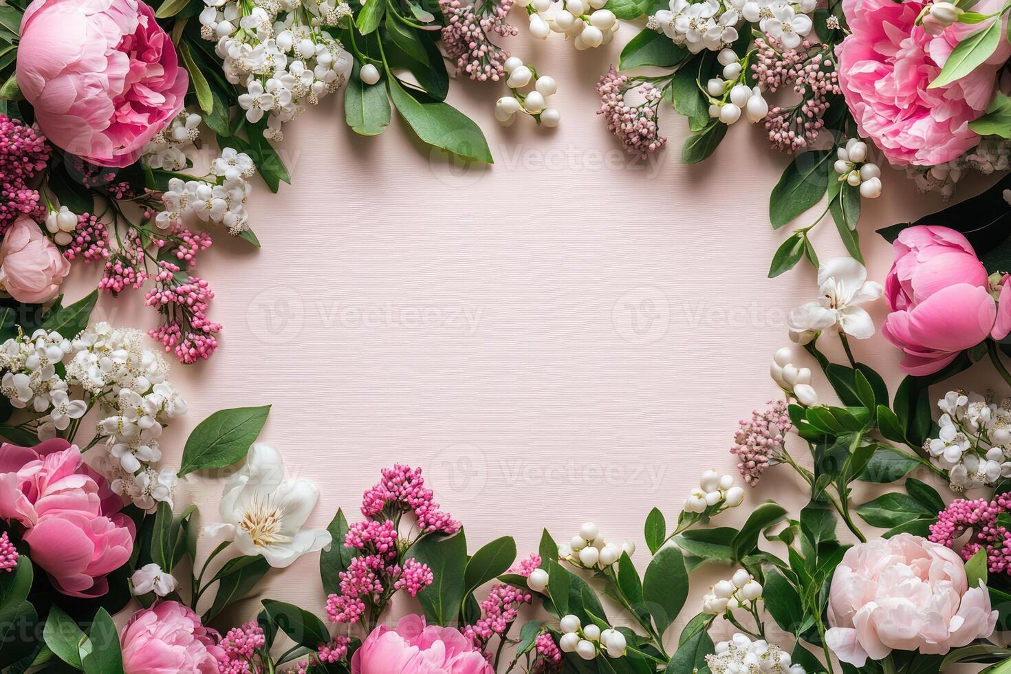 Floral frame of peonies, spiraea, and snowball flowers creating copy space on pink background photo