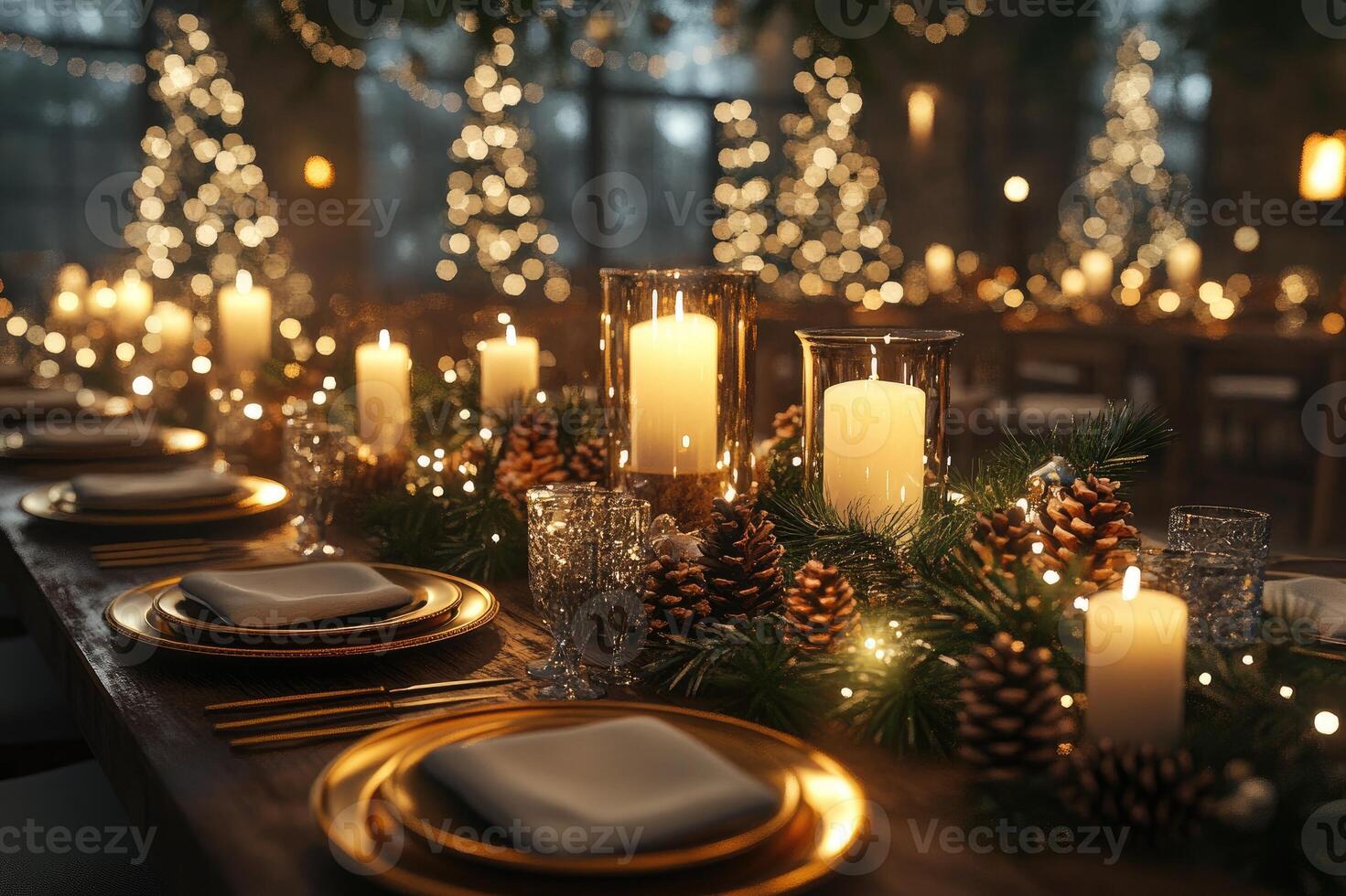 Christmas table setting decorated with candles, pine cones, and garland photo