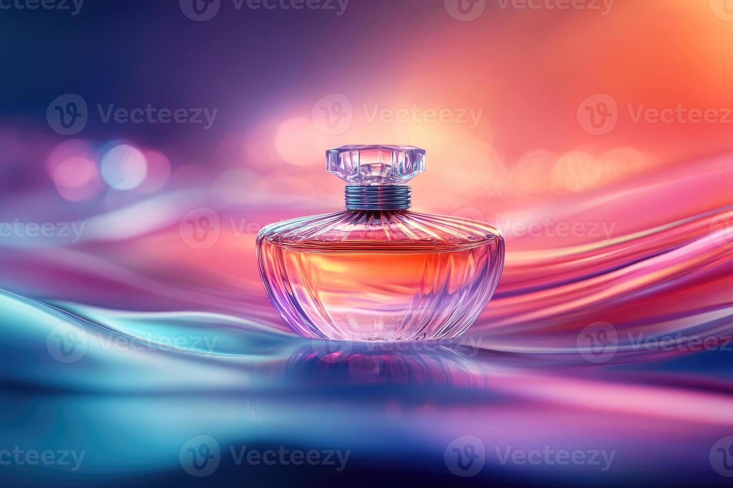 Elegant perfume bottle resting on flowing silk in vibrant colors photo