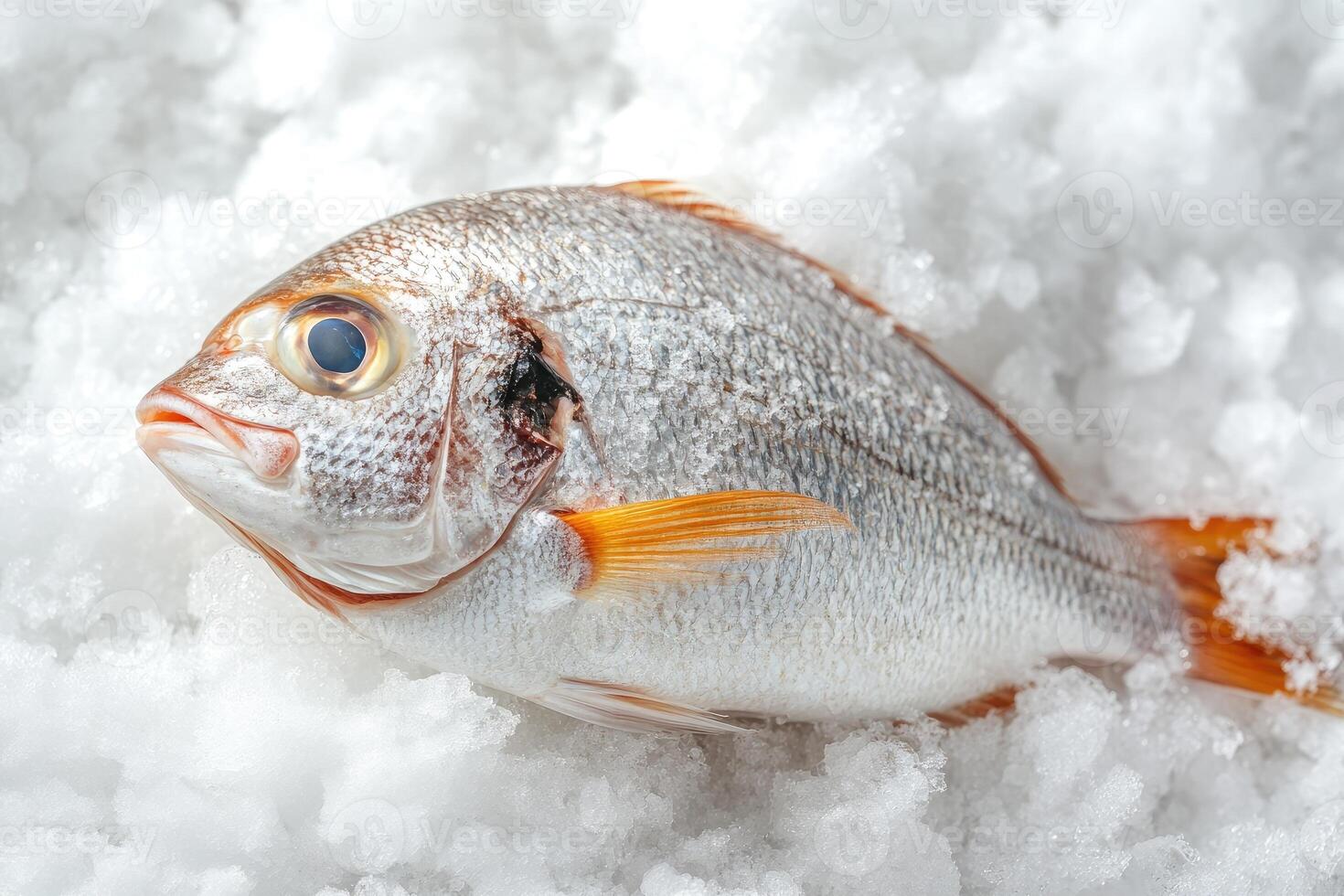 Fresh fish lying on a bed of ice in fish market stall photo