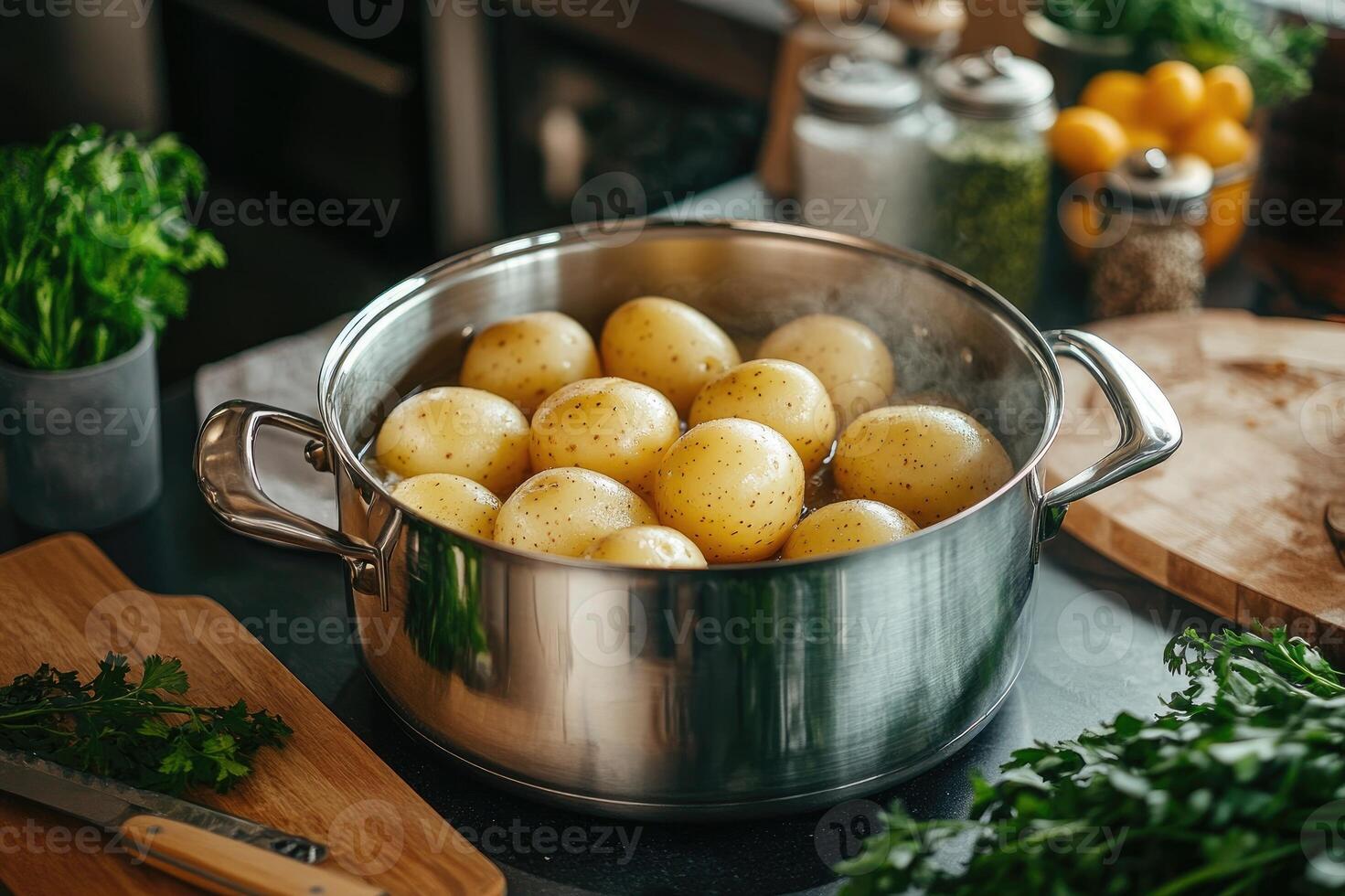 Fresh potatoes boiling in pot on kitchen countertop with parsley and seasonings photo
