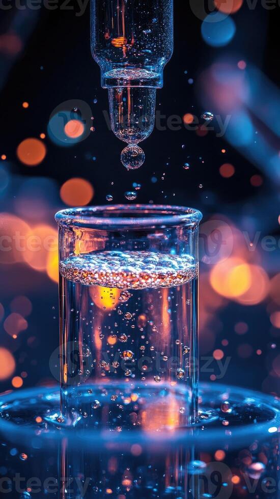Transparent liquid dripping into test tube creating bubbles in chemistry lab experiment photo