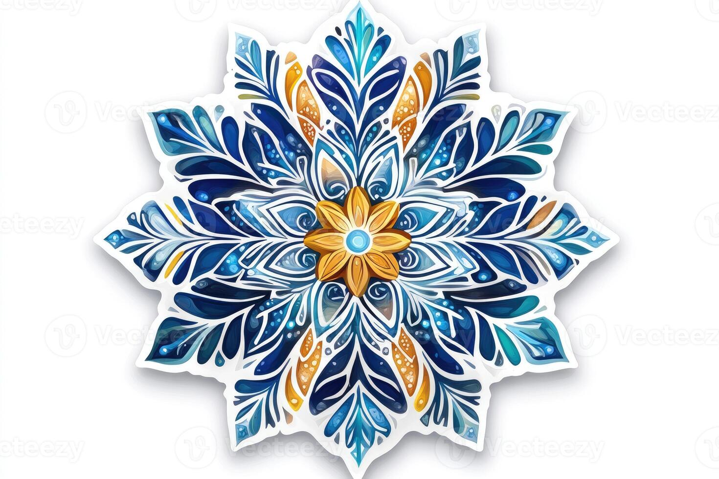 Blue and yellow snowflake shining on white background photo
