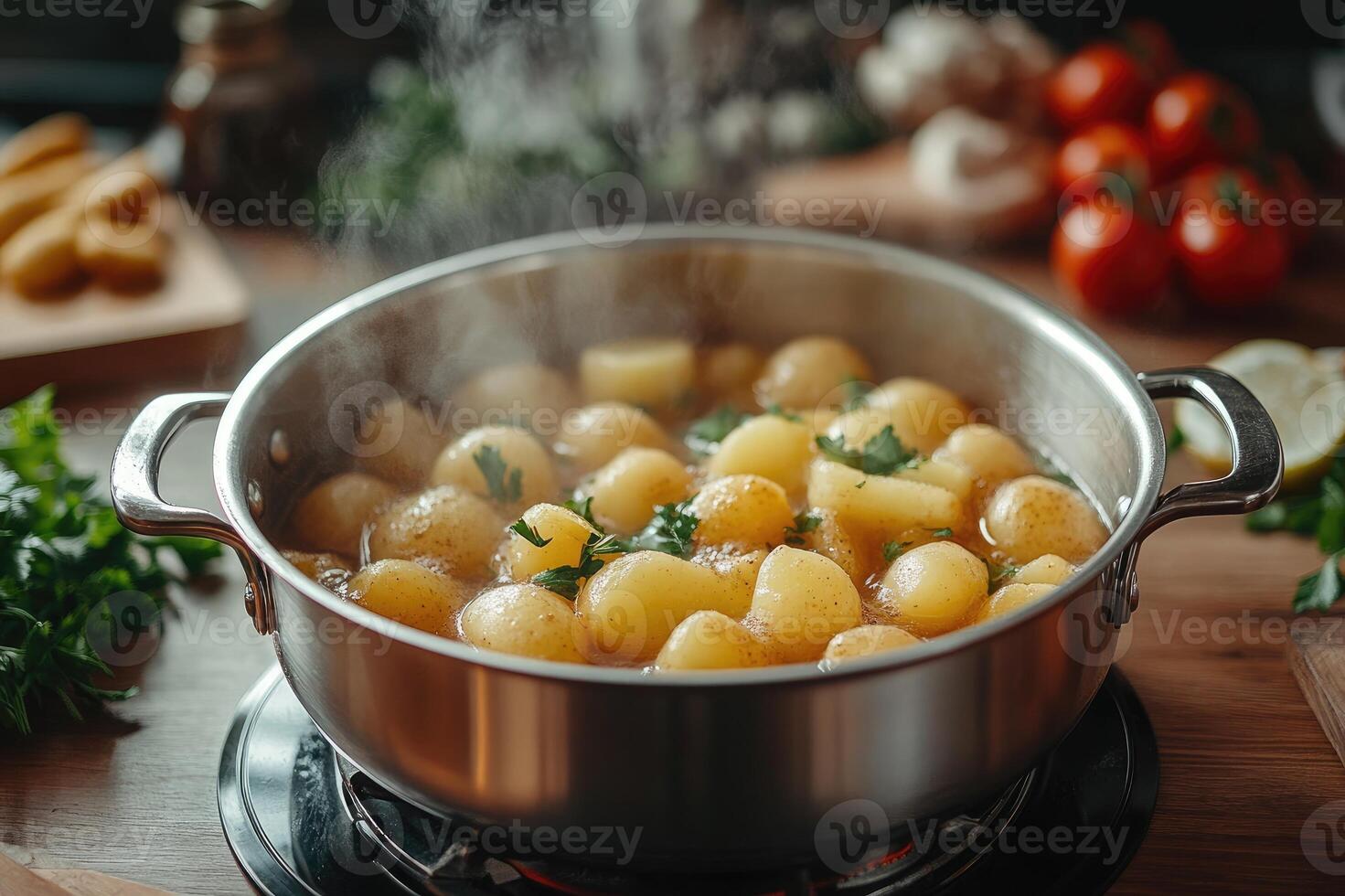 Steaming hot potatoes with black pepper in stainless steel pot on kitchen counter photo