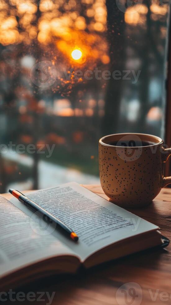 Open book, pen and coffee mug by window at sunset, cozy evening reading photo