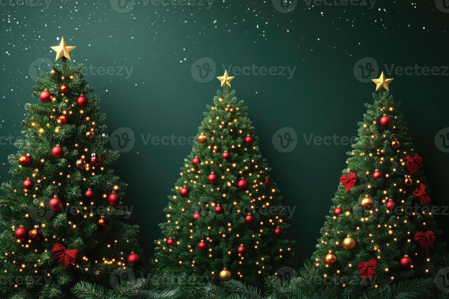 Festive christmas trees decorated with ornaments and lights photo