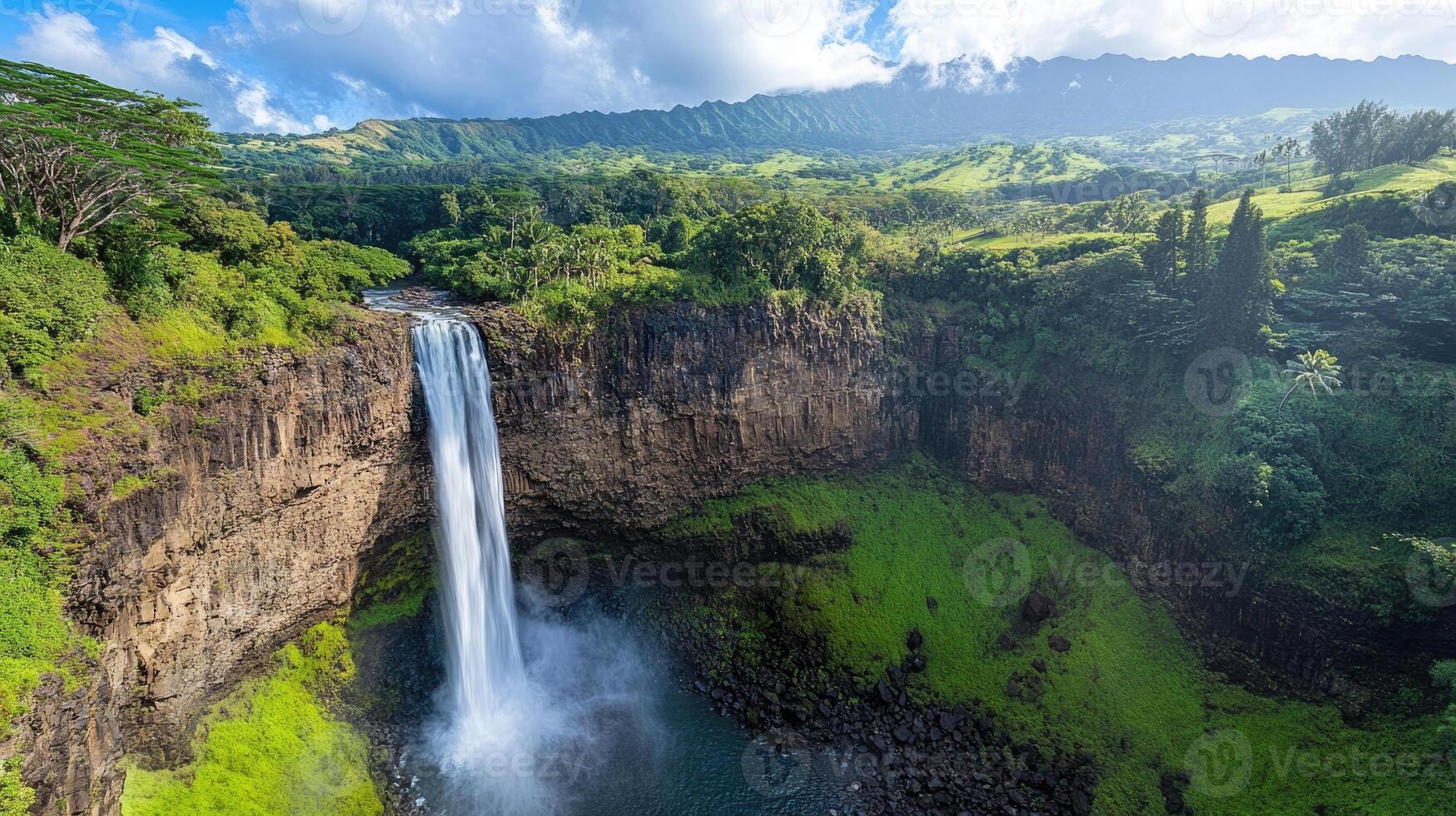 Wailua falls cascading down a cliff into a pond in kauai, hawaii photo