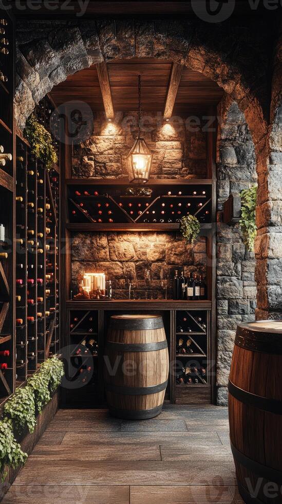 Large wine cellar with many wine bottles aging in a traditional environment photo