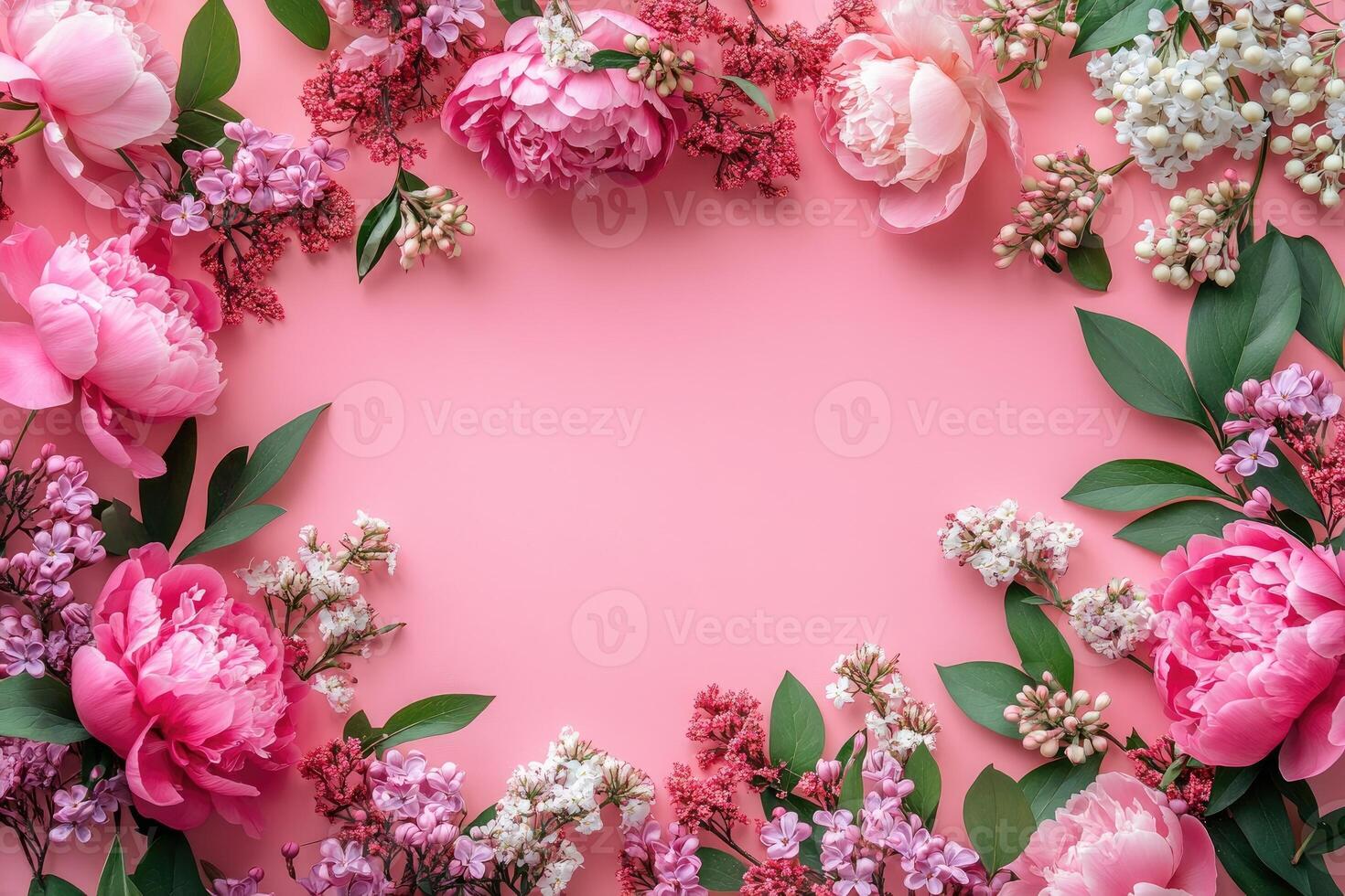 Pink peonies and lilac flowers creating a frame on pink background photo