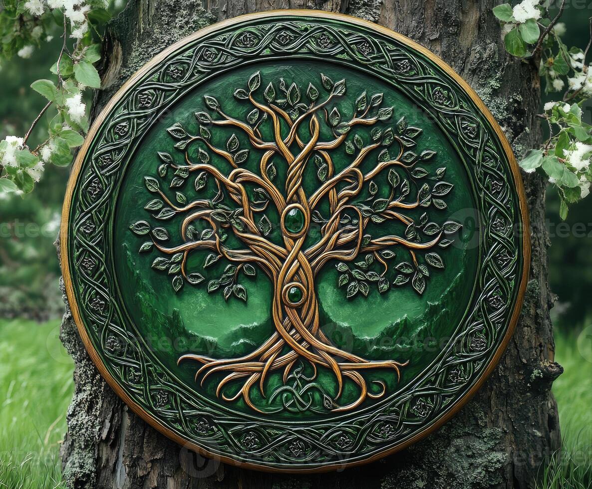 Golden celtic tree of life growing in a magical forest artwork photo