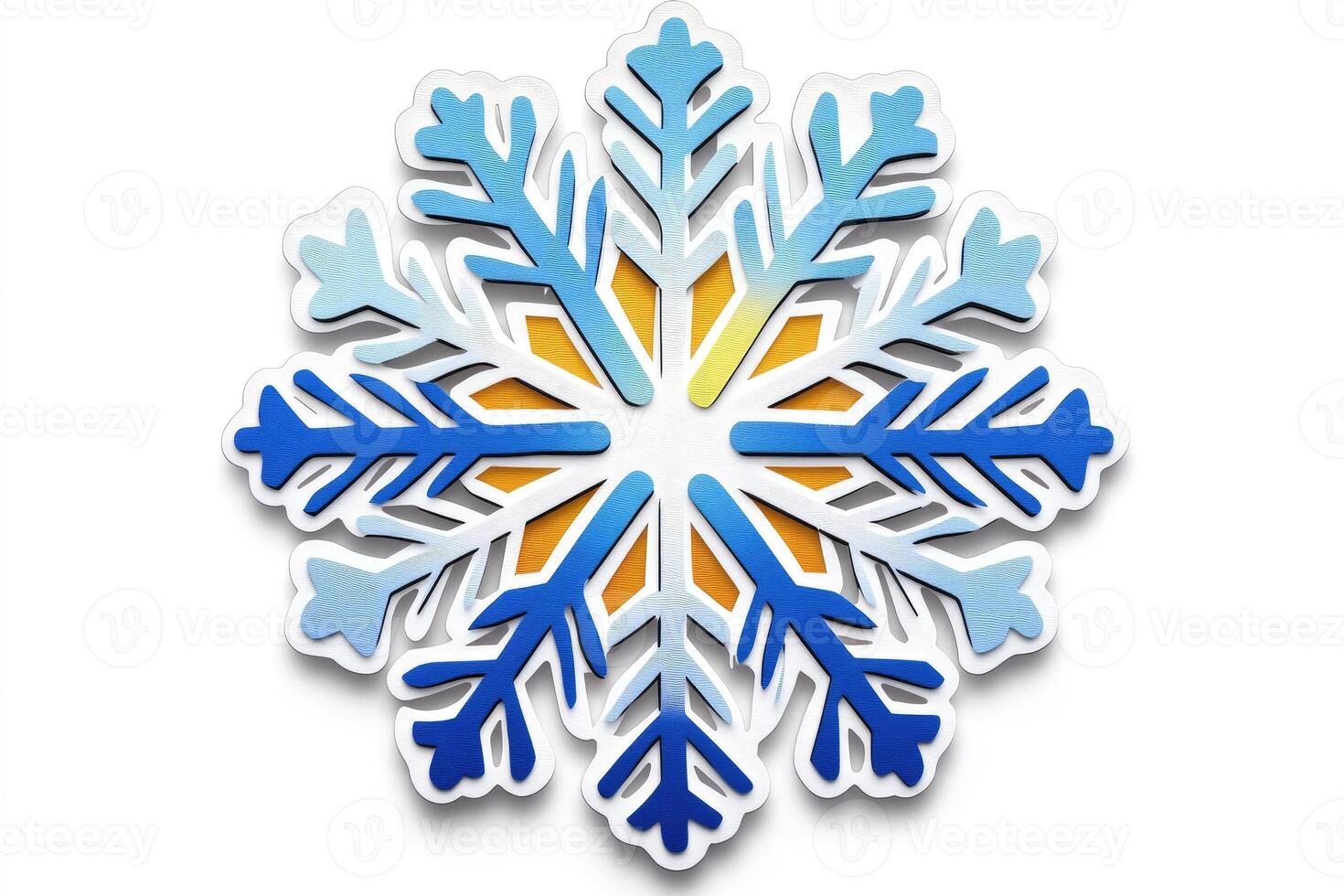 Blue and yellow snowflake shining on white background photo