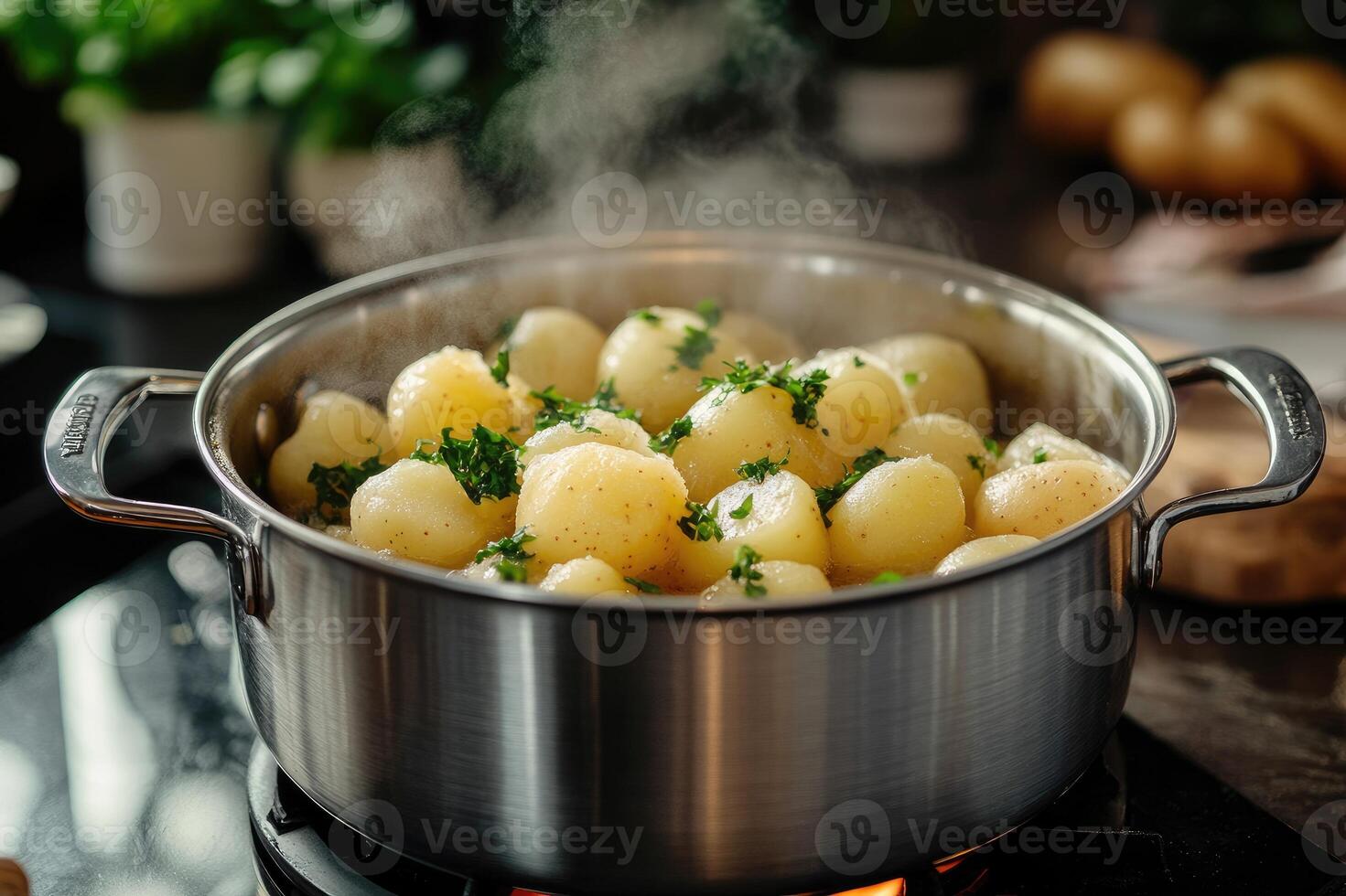 Steaming hot potatoes with black pepper in stainless steel pot on kitchen counter photo