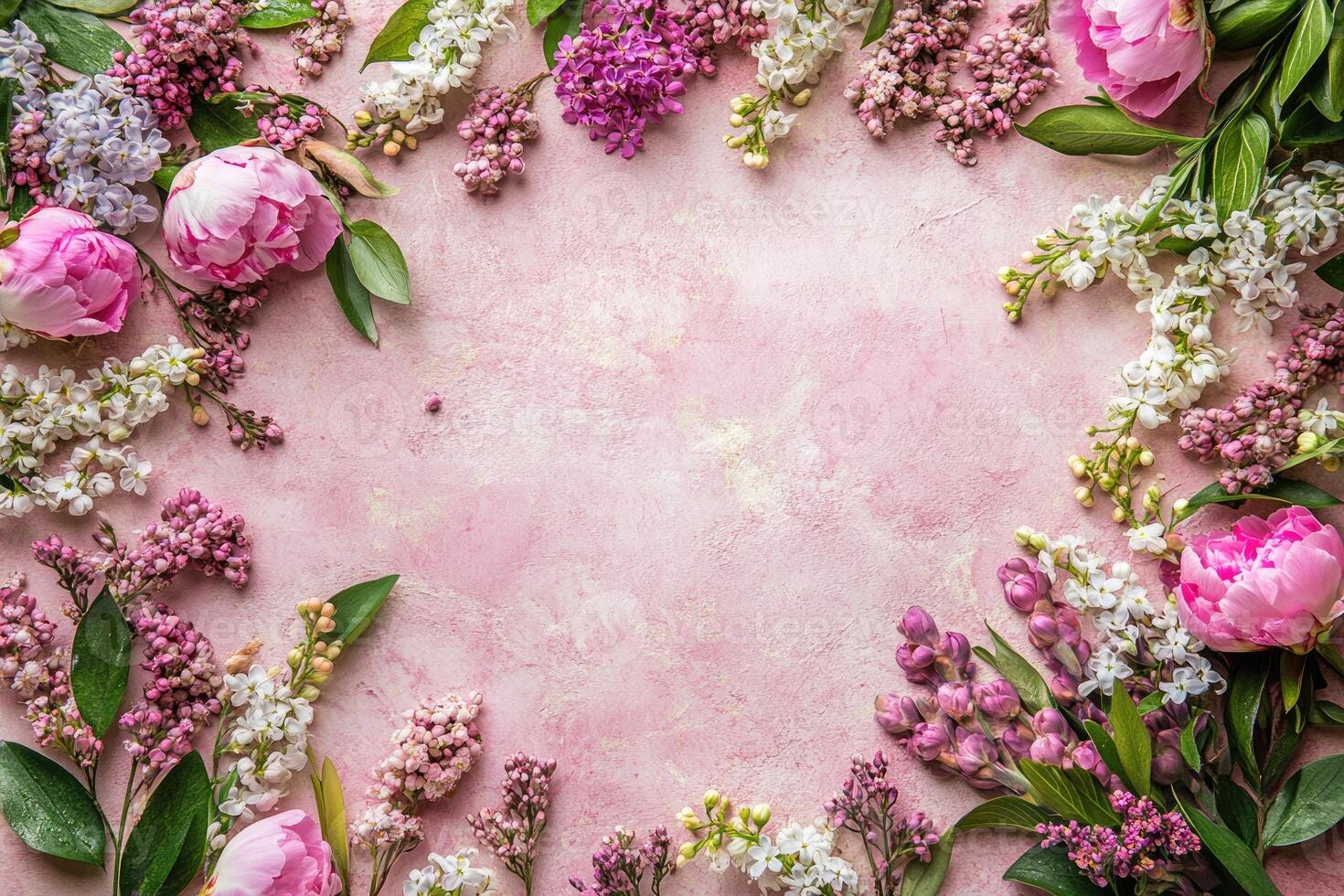 Beautiful blooming lilac and peonies creating frame on pink background photo