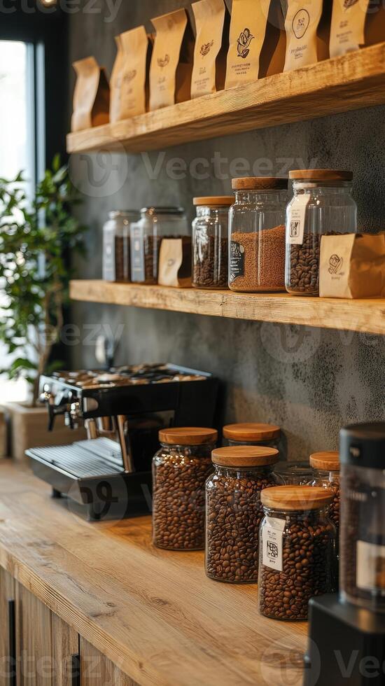 Coffee shop counter displaying coffee beans in jars and paper bags on shelves photo