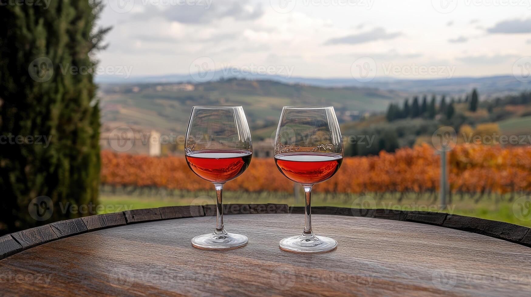 Two glasses of red wine resting on a wooden table in a vineyard during autumn harvest photo
