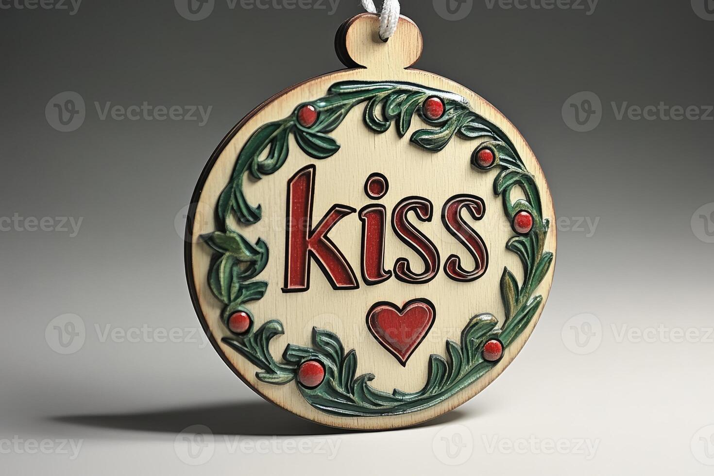 Christmas ornament hanging on white wooden wall wishing a kiss photo