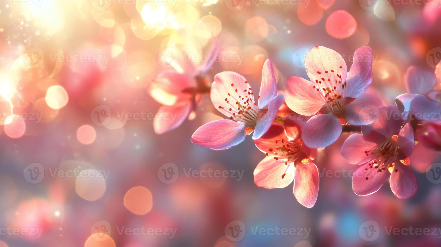 Blooming pink flowers on branch with sunlight and bokeh effect creating dreamlike atmosphere photo