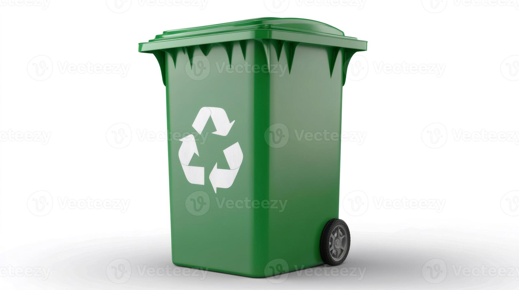 Green recycling bin promoting environmental sustainability on white background photo