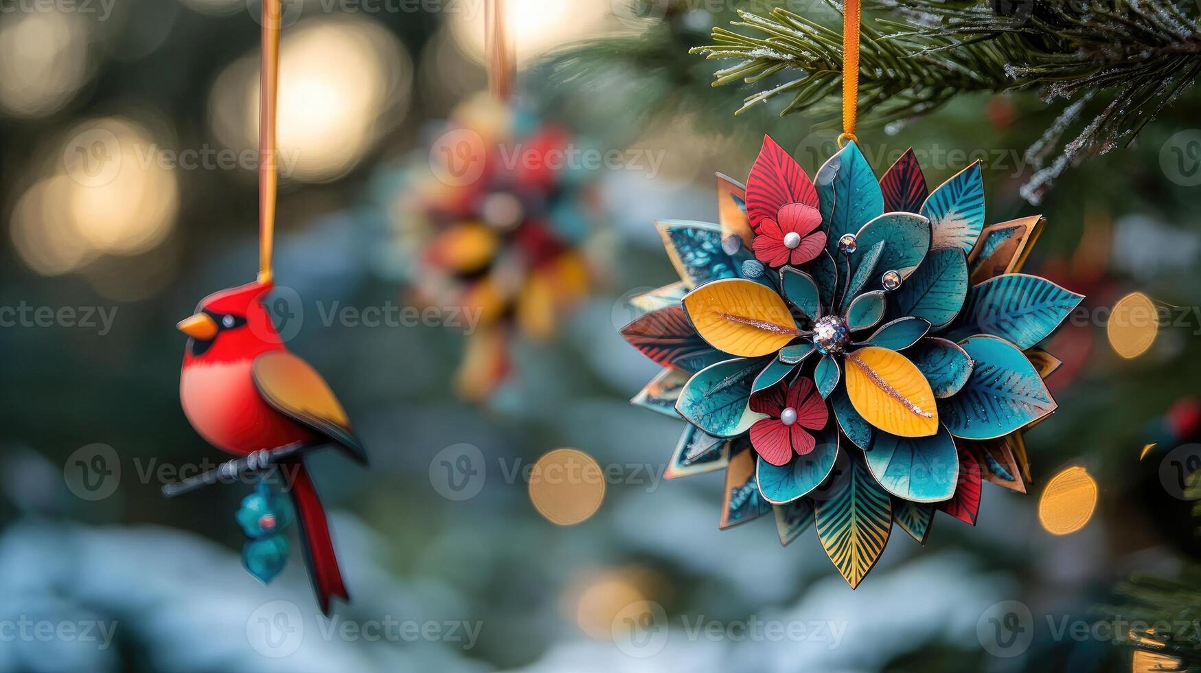 Christmas ornaments hanging on a christmas tree branch with bokeh lights photo