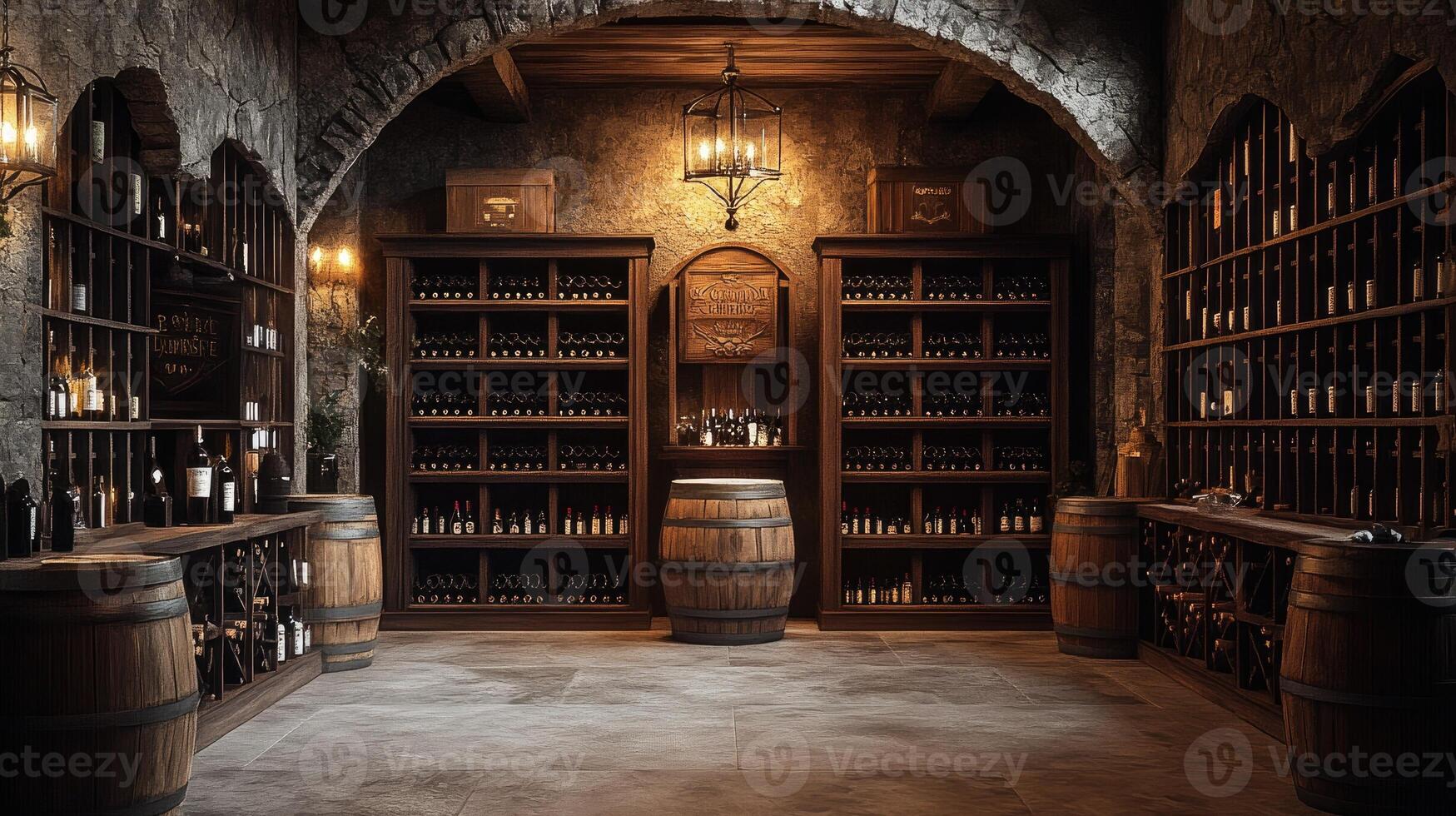 Large wine cellar with many wine bottles aging in a traditional environment photo