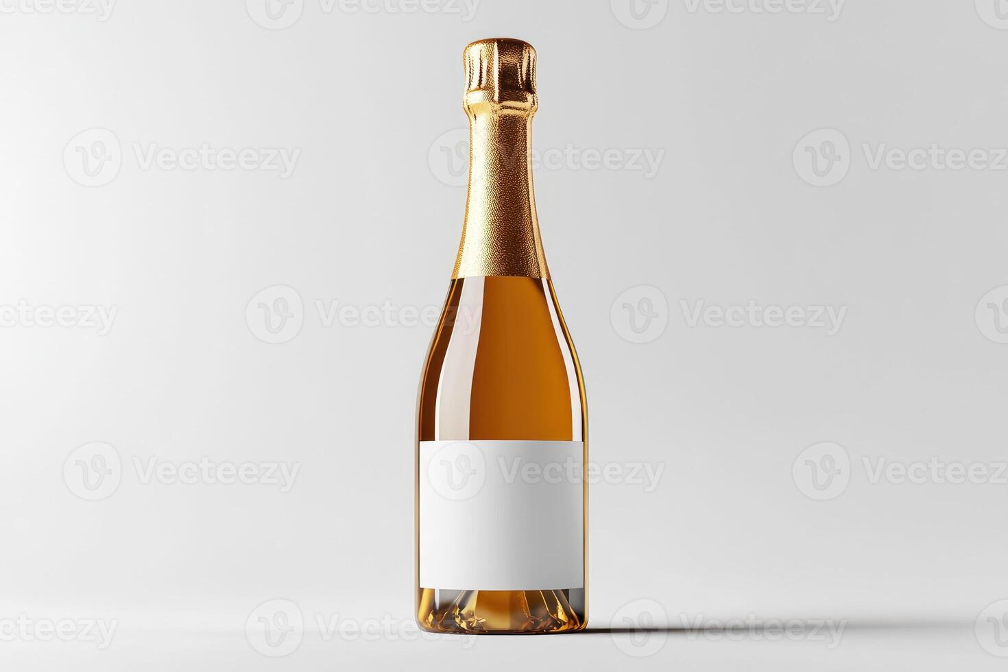 Champagne bottle with golden foil and blank label standing on white background photo