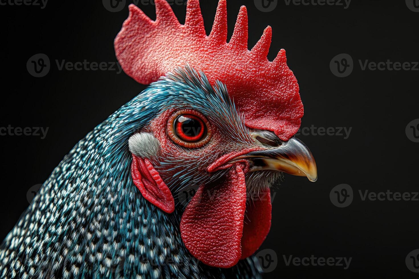 Striking rooster portrait showing intricate feather detail on black background photo