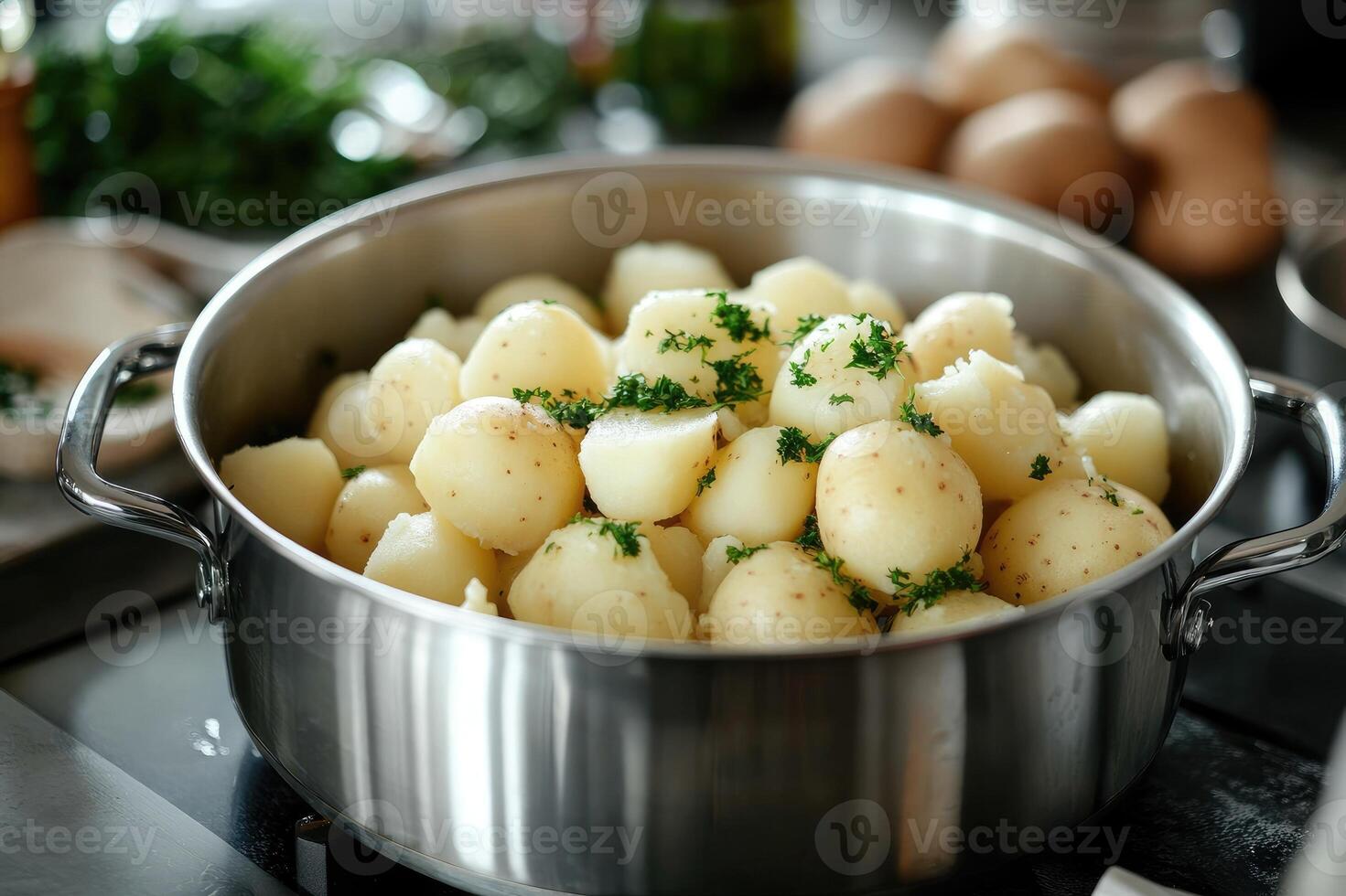 Young potatoes with thyme and spices in a pot, ready to be served photo