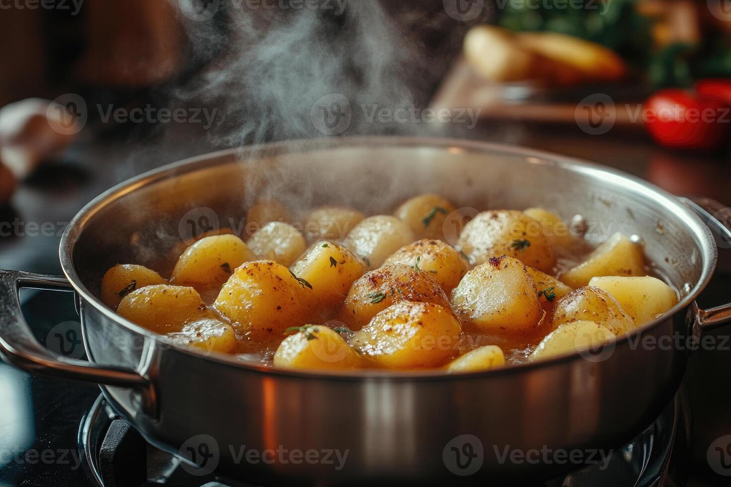 Steaming hot potatoes with black pepper in stainless steel pot on kitchen counter photo