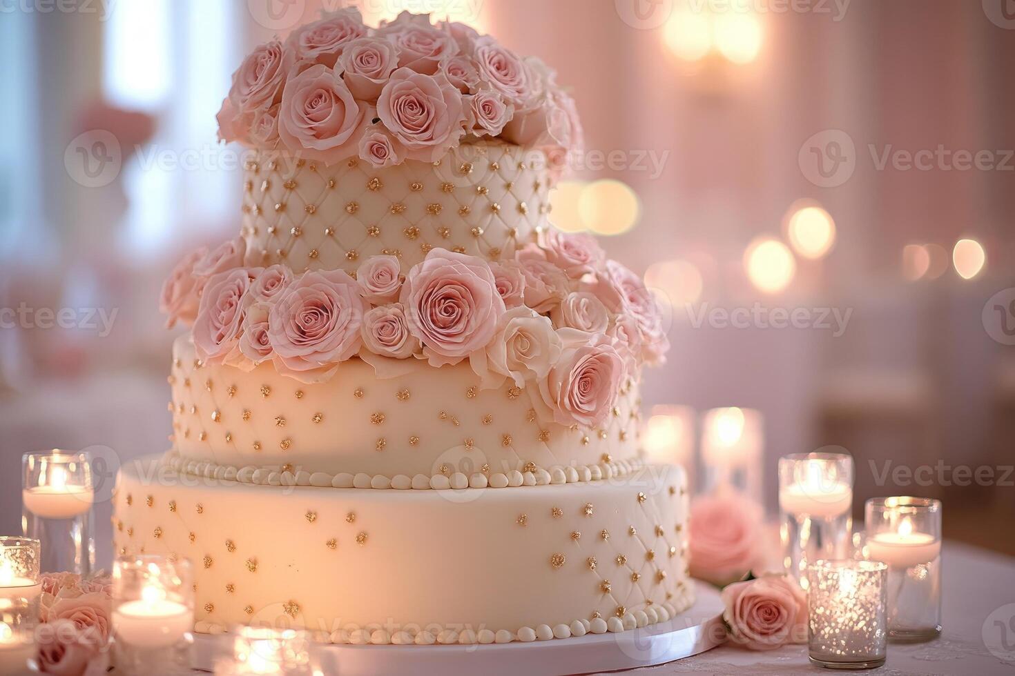 Delicious wedding cake decorated with pink roses and golden details illuminating the reception photo