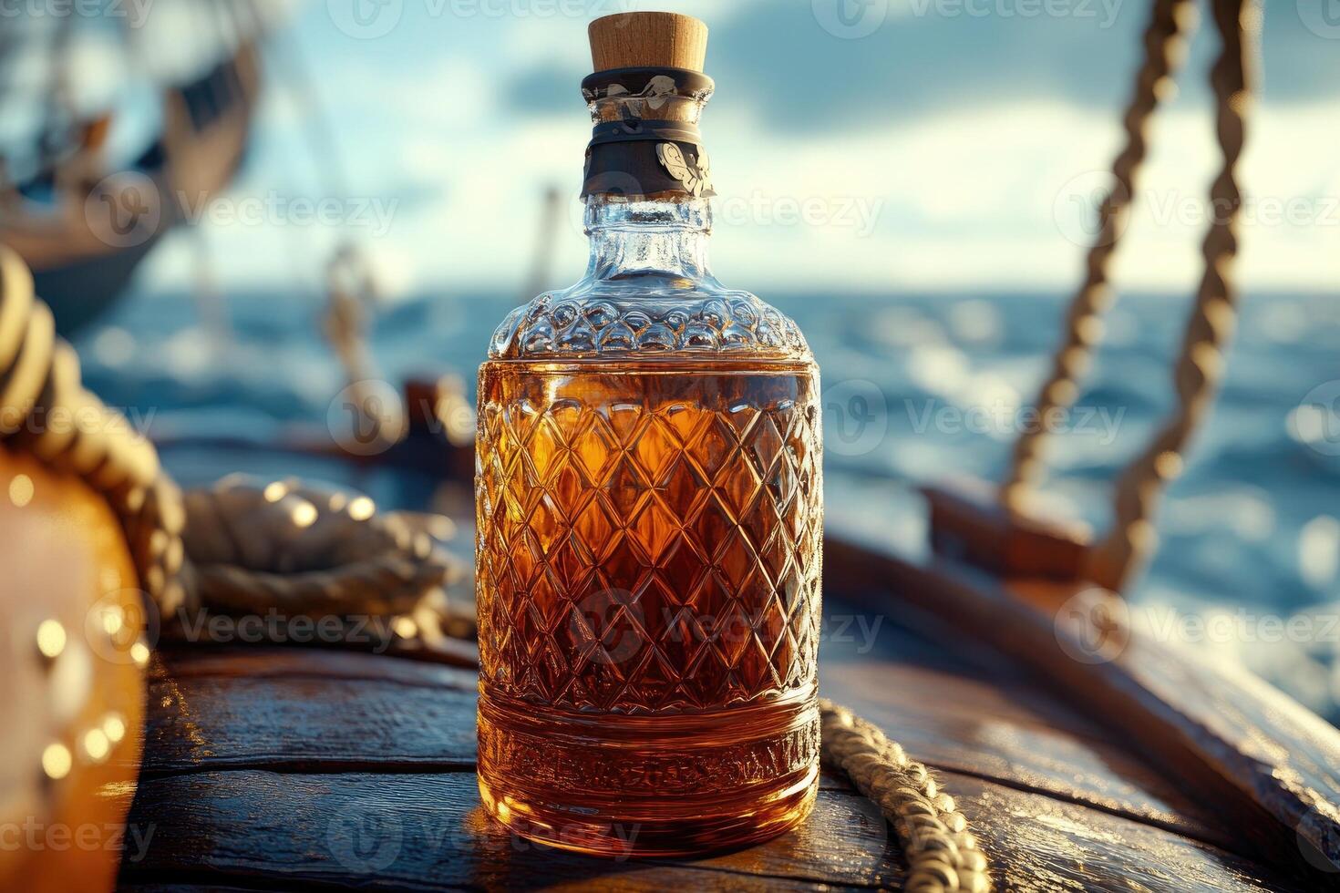 Glass bottle of rum sitting on a barrel on a sailing ship at sunset photo