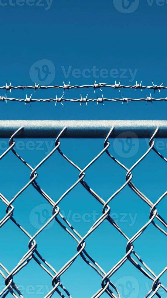 Barbed wire and chain link fence creating a secure perimeter against blue sky photo