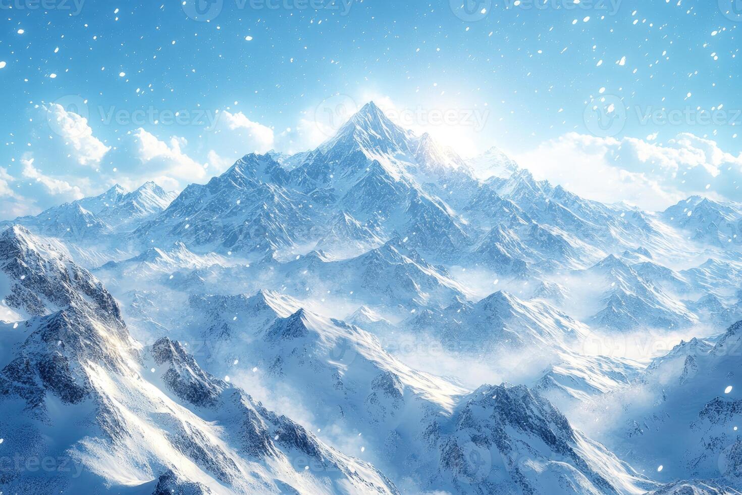 Snow falling on majestic mountain range in winter wonderland photo