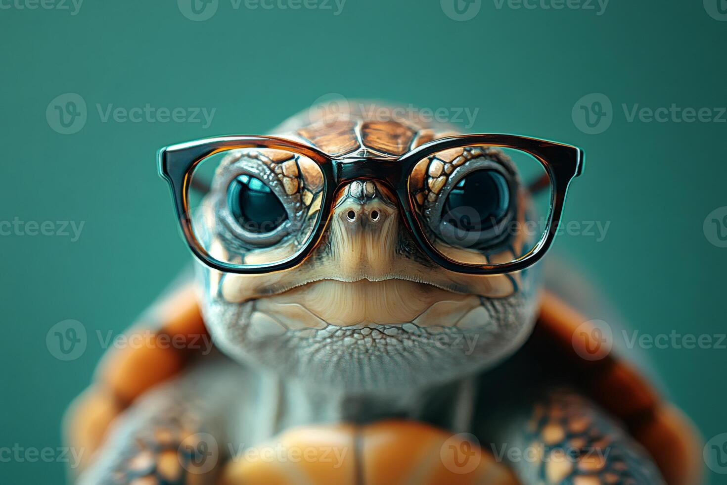 Smart turtle wearing stylish eyeglasses on green background photo