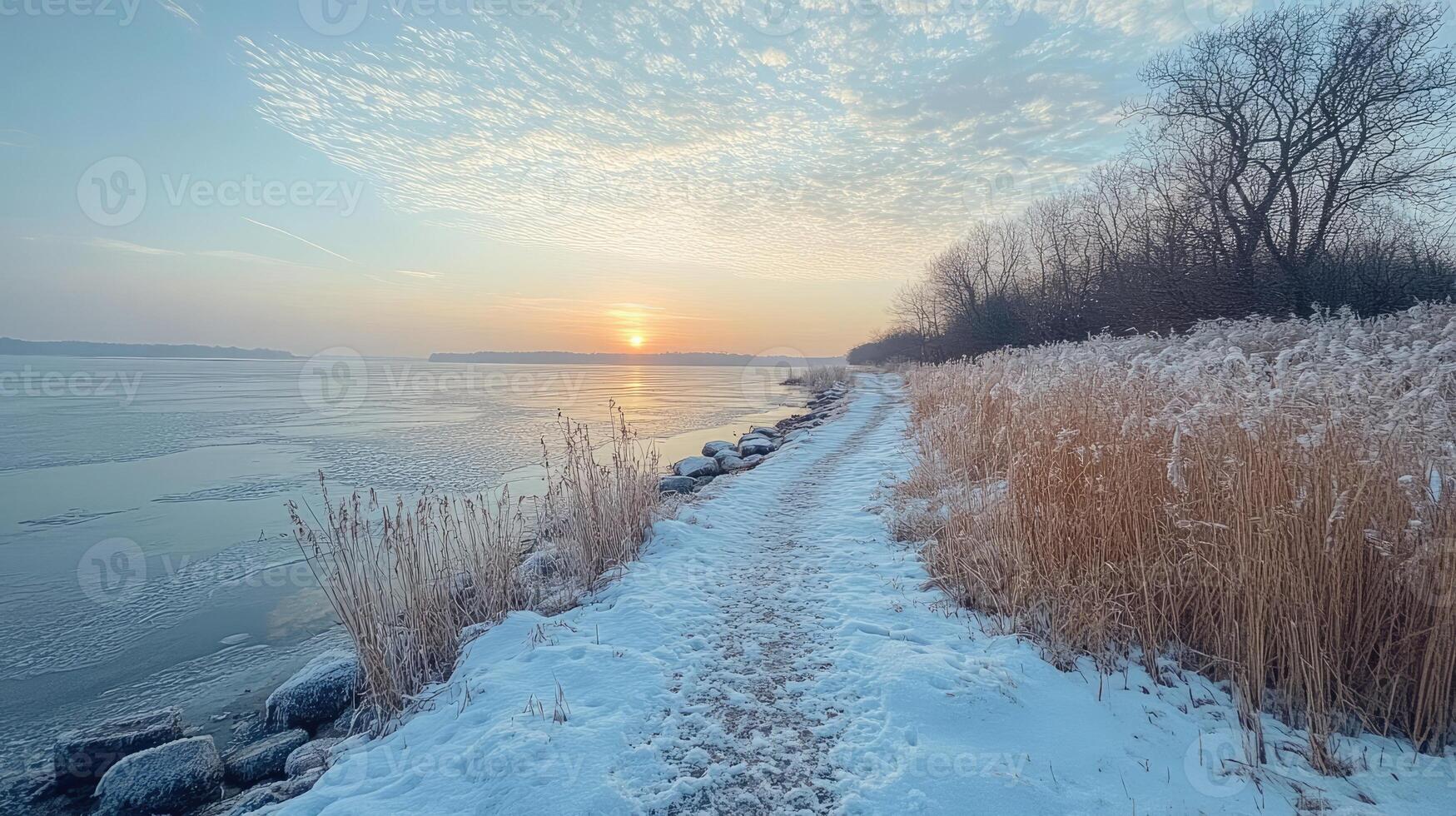 Snowy path along frozen lake at sunrise photo