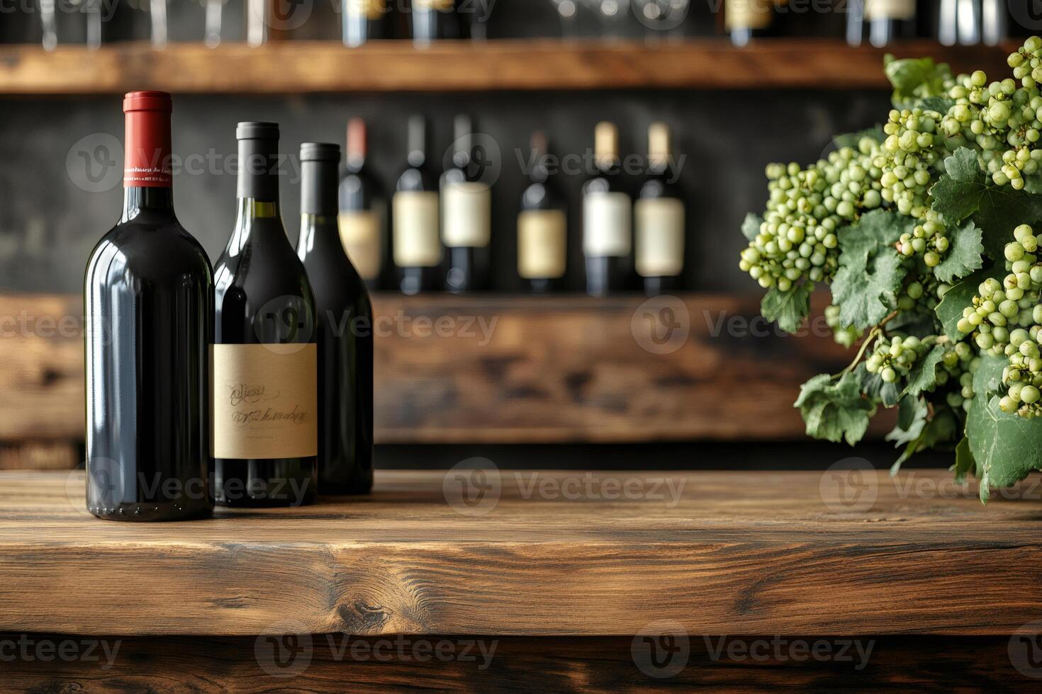 Wine bottles and grapes resting on rustic wooden table in winery setting photo