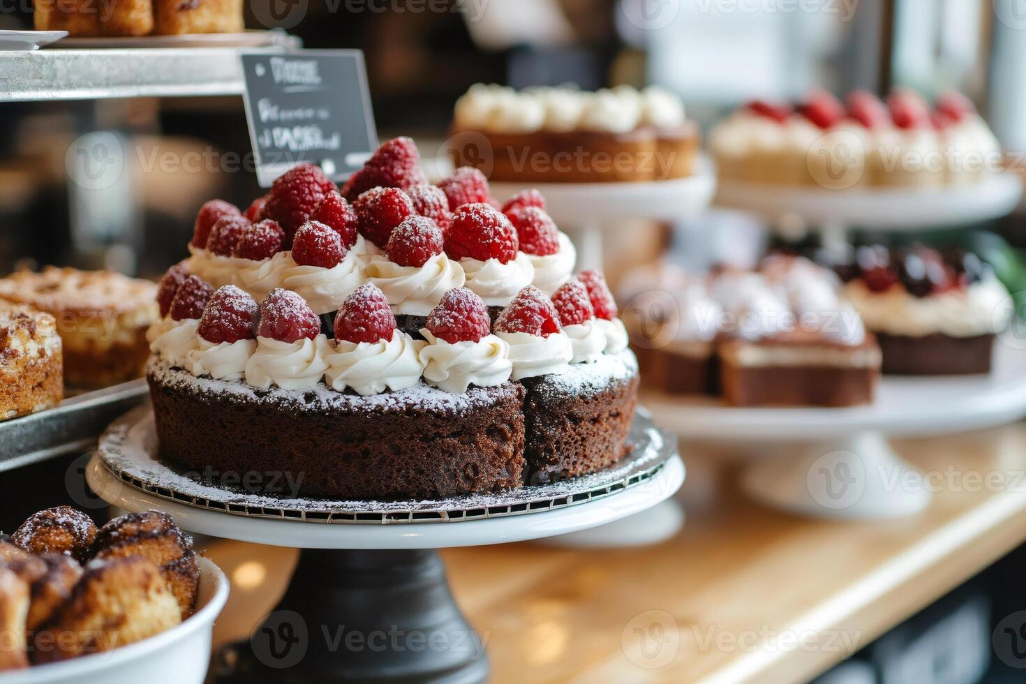 Delicious chocolate raspberry cake displayed on cake stand in bakery window photo