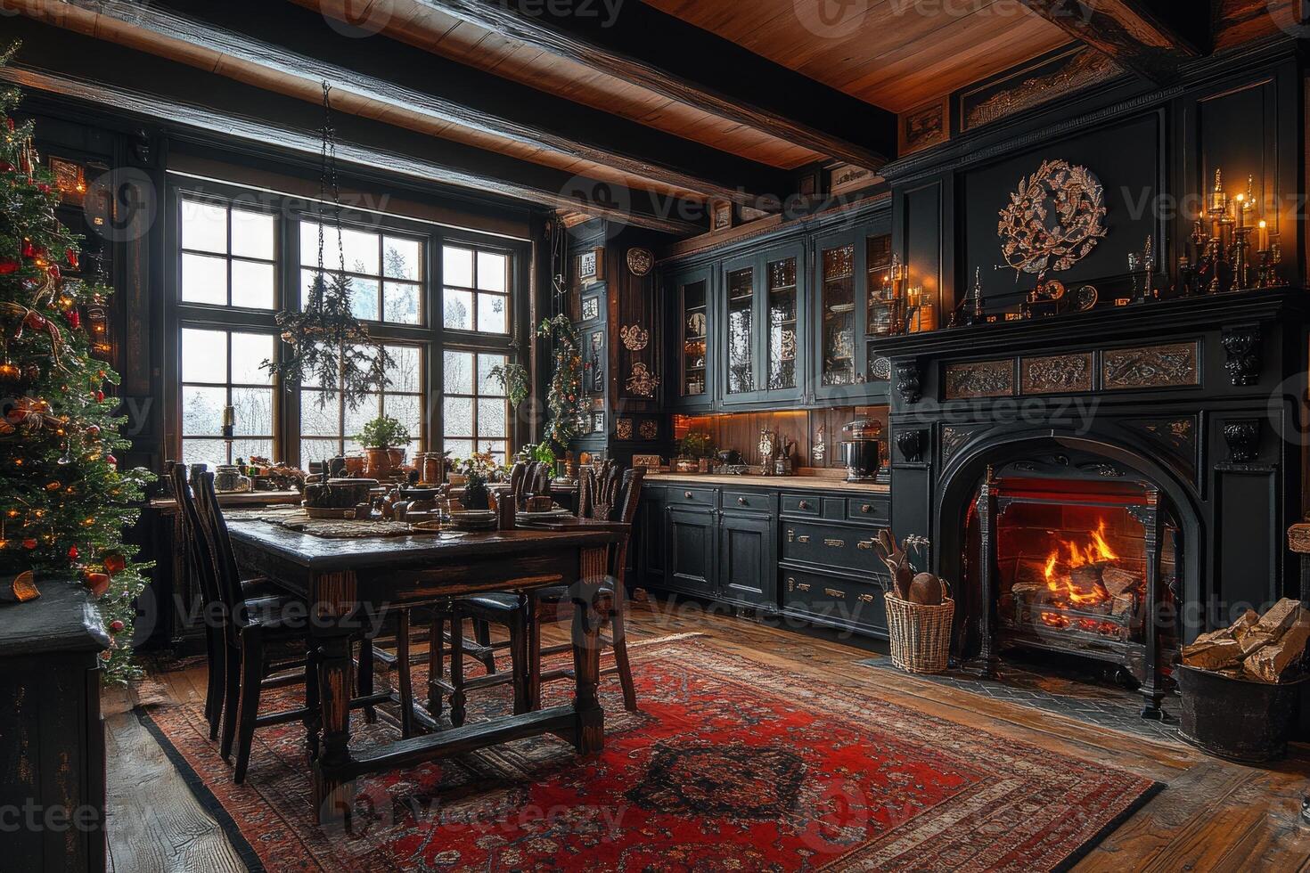 Burning fireplace warming christmas decorated dining room in luxurious chalet photo