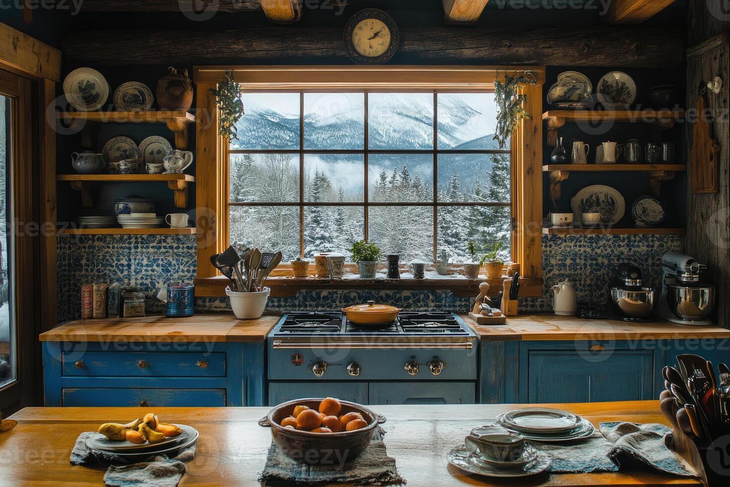 Cozy blue rustic kitchen interior overlooking snowy mountain view photo