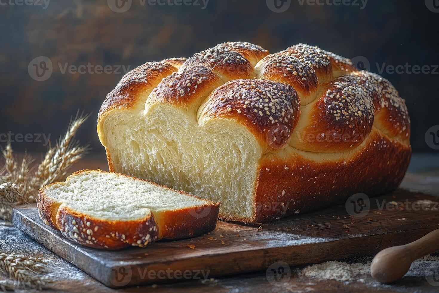 Freshly baked homemade challah bread loaf with a slice on wooden board photo