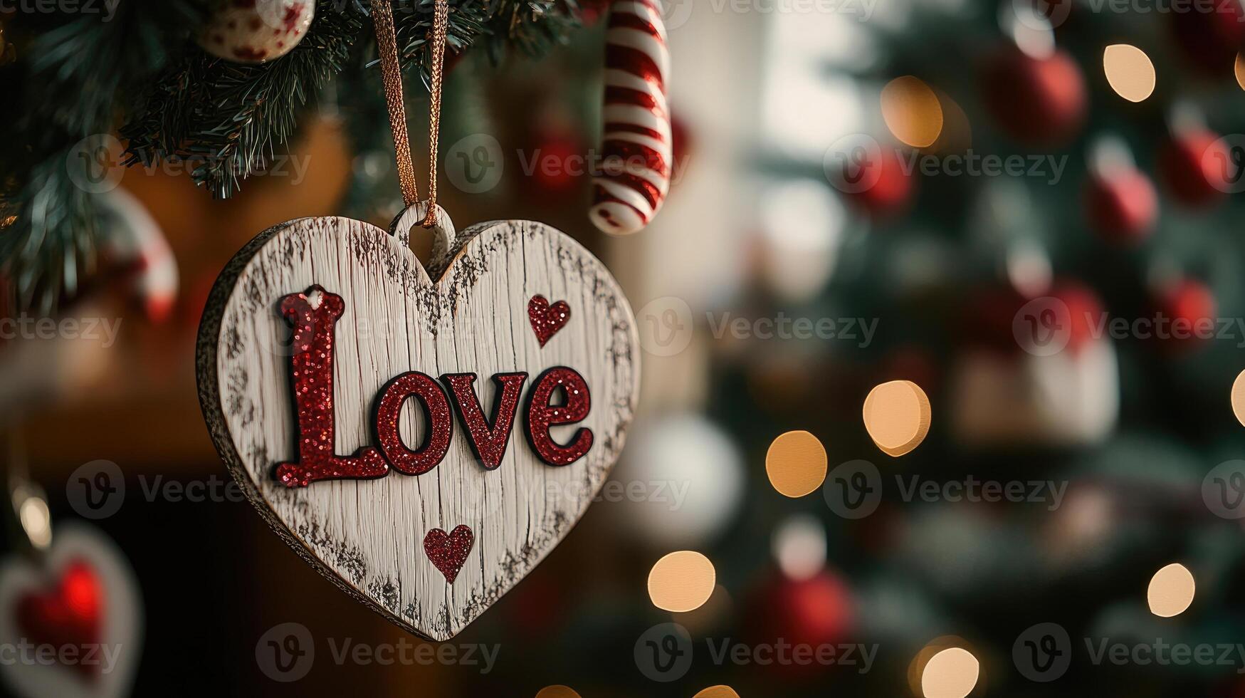 Wooden heart ornament saying love hanging on christmas tree photo