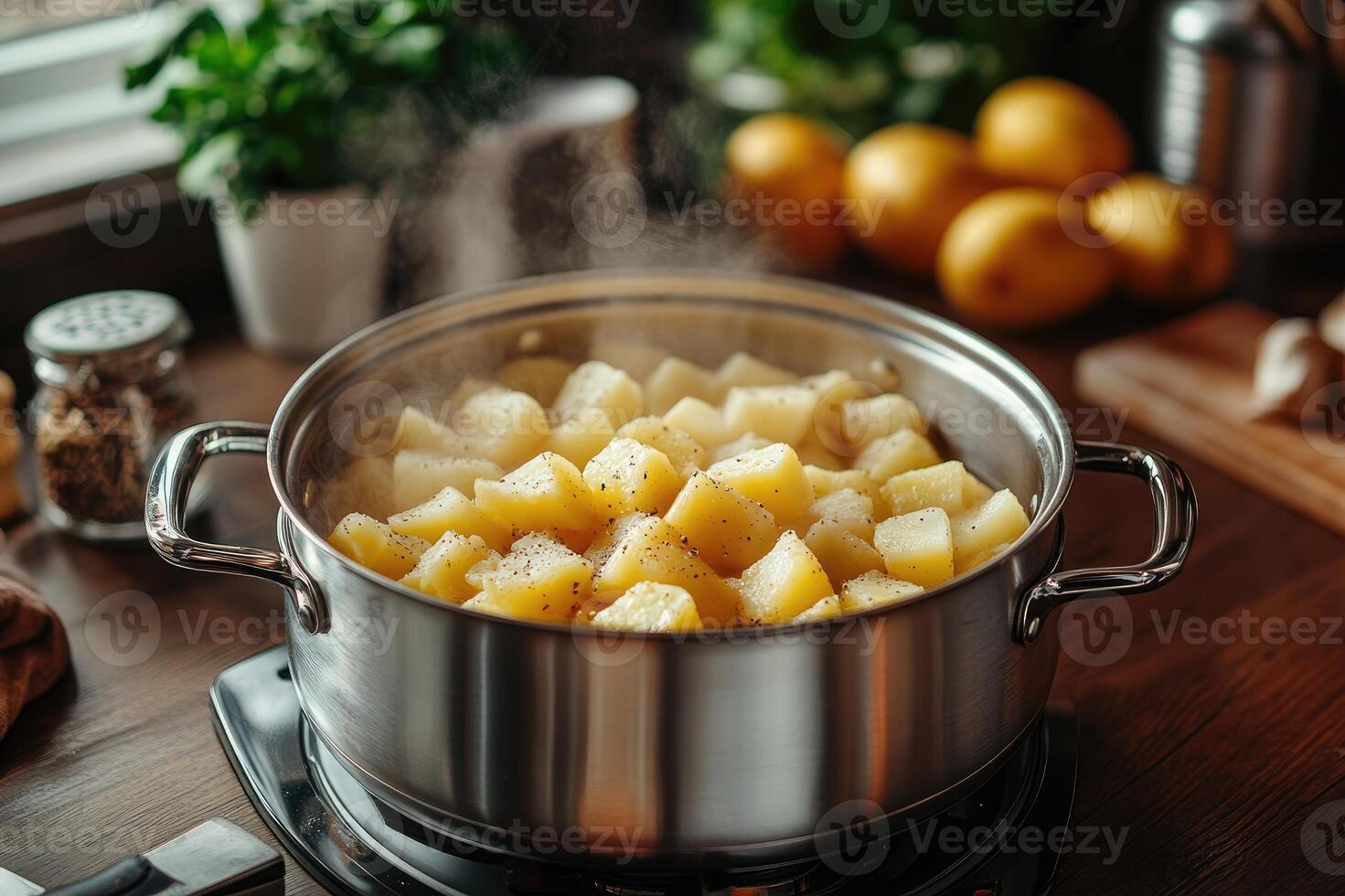 Steaming hot potatoes with black pepper in stainless steel pot on kitchen counter photo