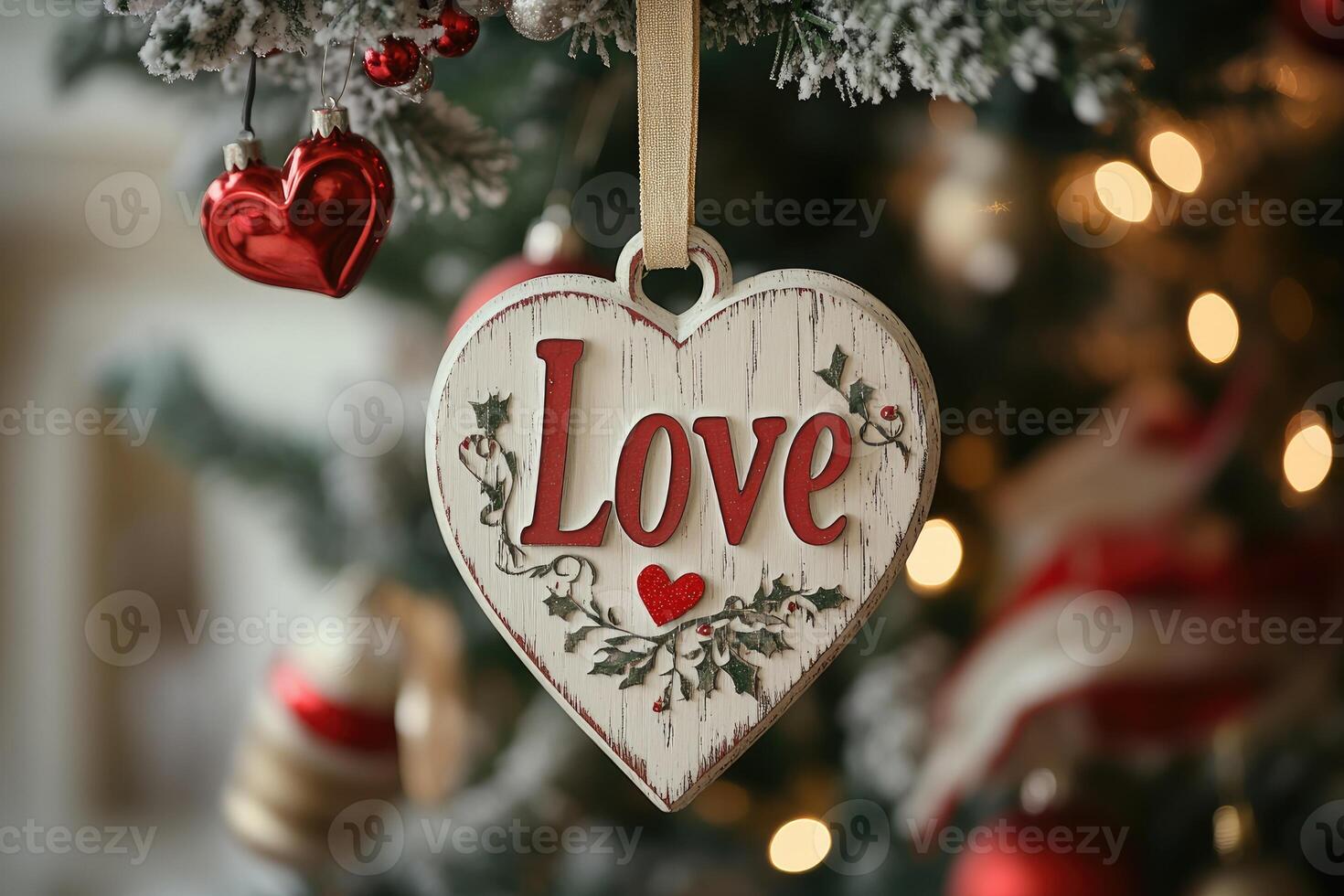 Heart-shaped christmas ornament expressing love hanging on a snowy christmas tree photo
