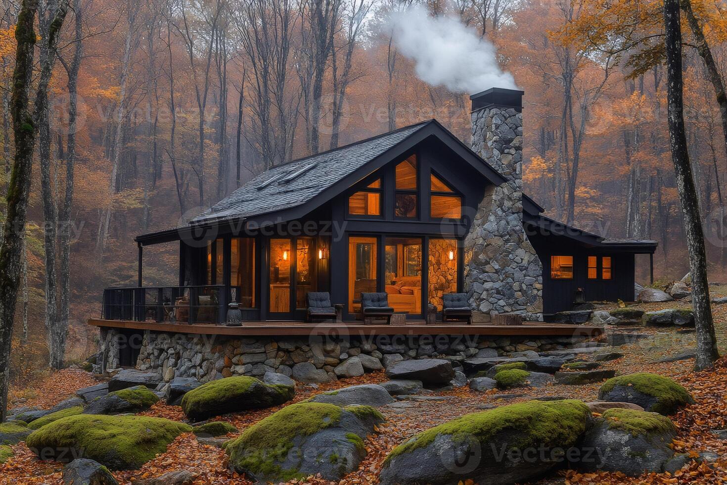 Cozy modern cabin nestled in autumn forest emitting smoke from chimney photo